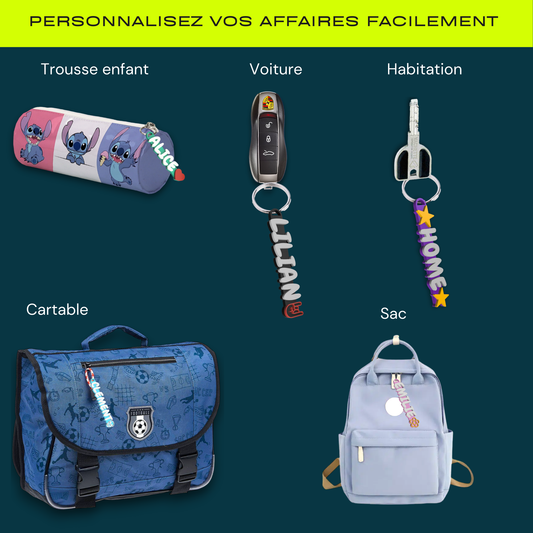 Porte clé à personnaliser prénom avec 50 logos aux choix