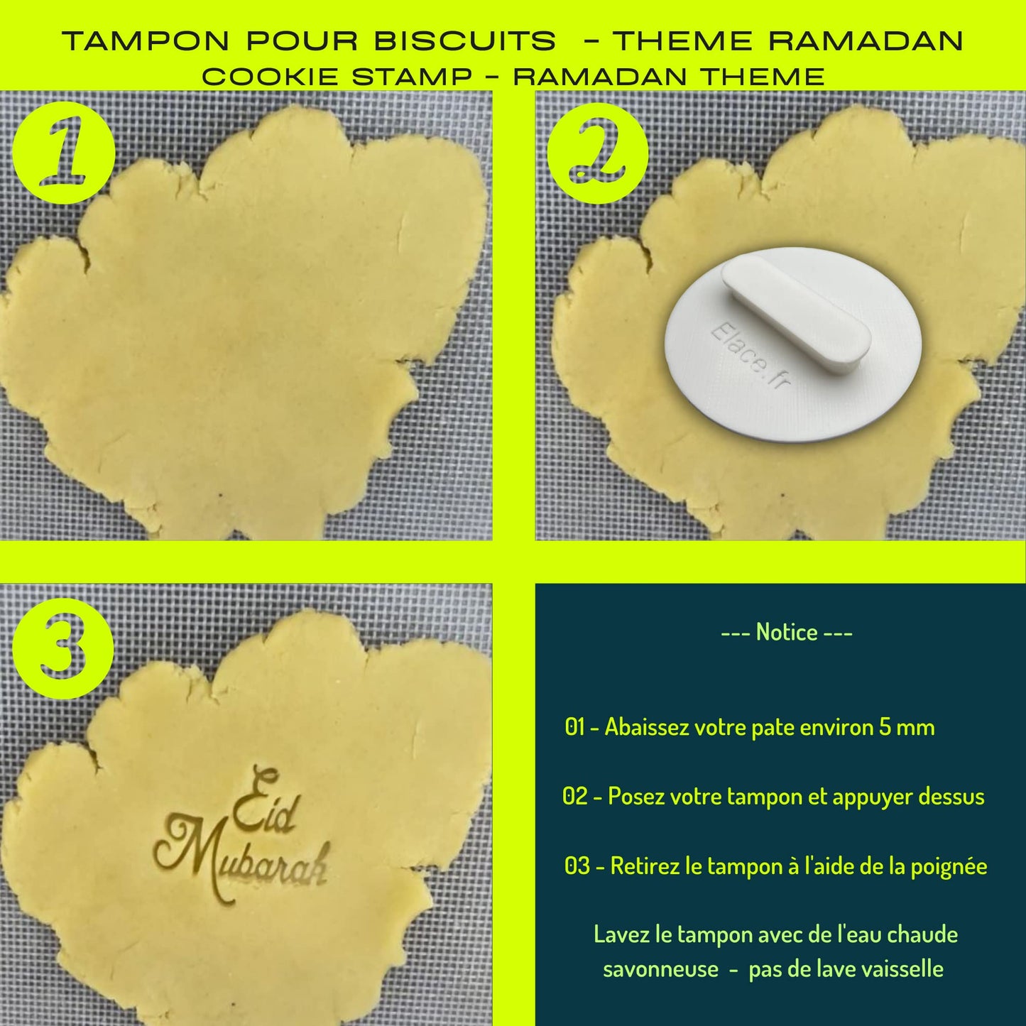 ELACE - Tampon Eid moubarak GRAND - ramadan Patisserie, sablé, biscuit, pâte à sucre, pâte à modeler-Décoration gâteau-Fait maison-France ELACE3D