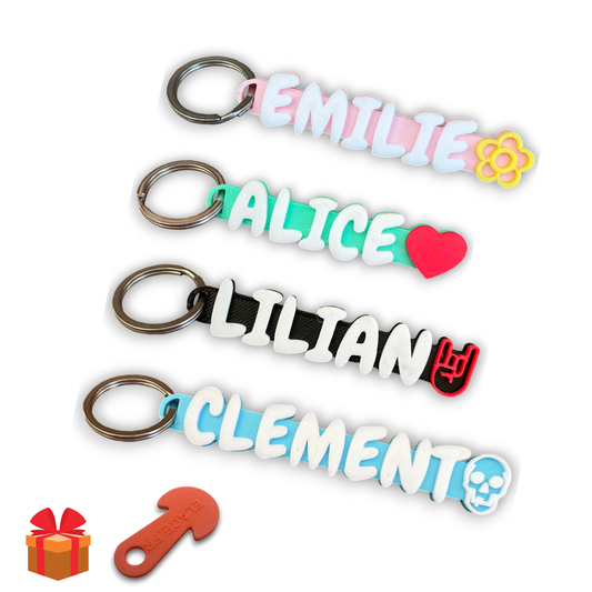 Porte clé à personnaliser prénom avec 50 logos aux choix