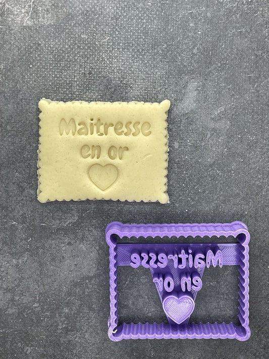 Emporte pièce - Maitresse en or - Message - pour la réalisaton de biscuit sablé, patisserie, pate à sucre -Décoration gateau-Fait maison- ELACE